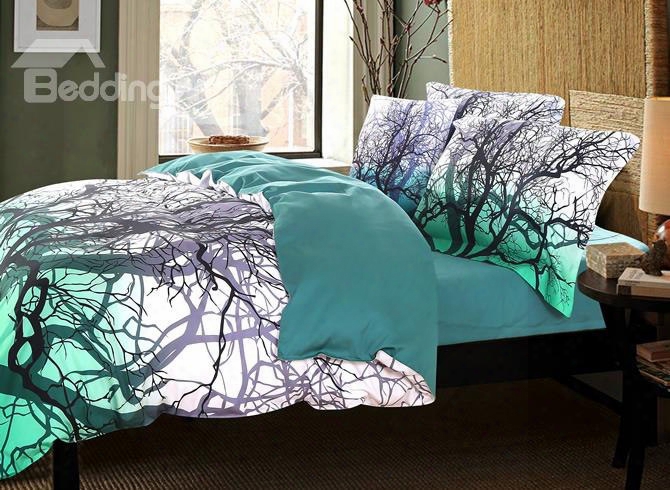 Tree Branches Cluster Pattern Green 4-piece Polyester Bedding Sets/duvet Cover