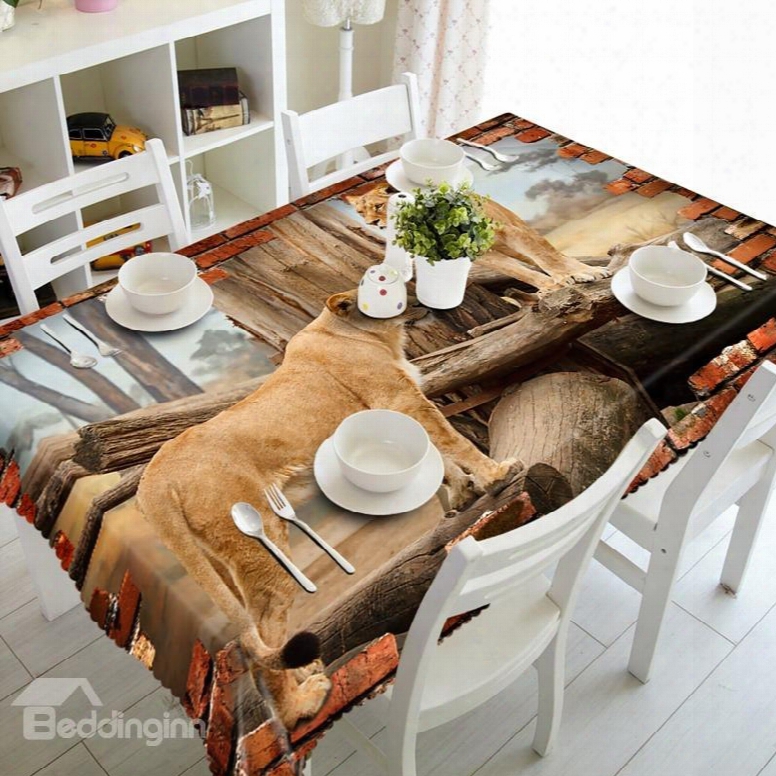 Two Lifelike Lions Standing On The Wood Prints Home Decoration 3d Tablecloth