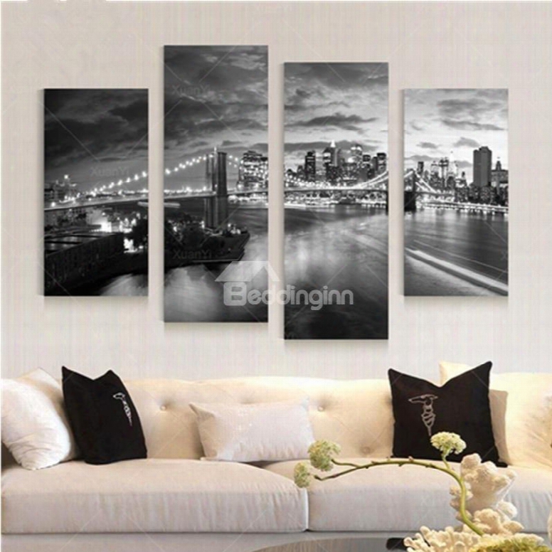 White And Black City Night Hanging 4-piece Canvas Waterproof And Eco-friendly Non-framed Prints
