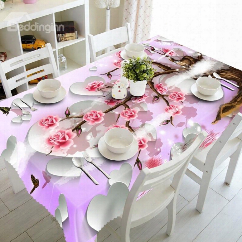 White Heart And Pink Flowers Pattern Design Polyester Fibre 3d Tablecloth