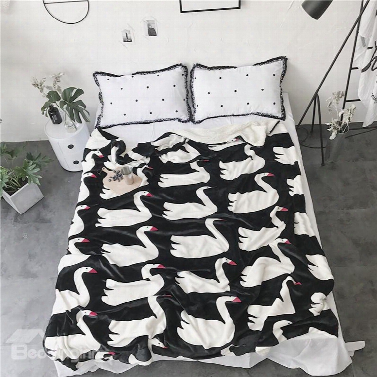 White Swans Pattern Black Nordic Style Fluffy Super Soft Bed Blankets