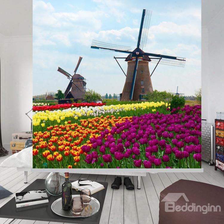 Windmill And Flower Sea Printing Blackout 3d Roller Shades