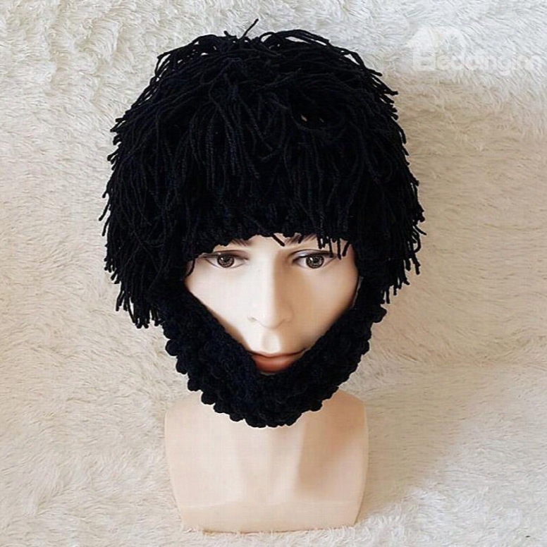 Women Men Beard Wig Funny Knit Wool Hats Caps Halloween Decorate