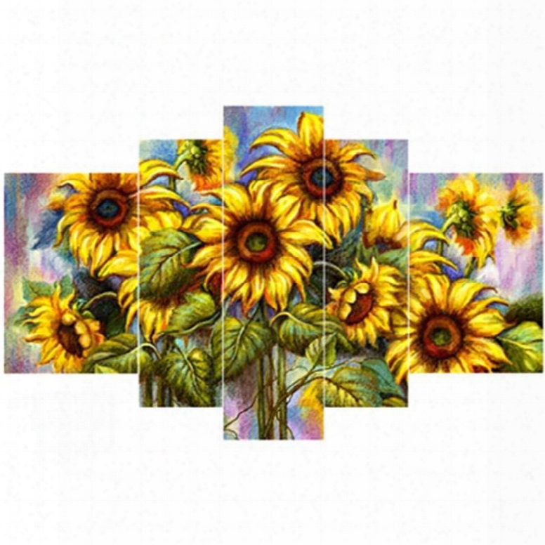Yellow Sunflowers With Green Leaves Hanging 5-piece Canvas Eco-friendly And Waterproof Non-framed Prints