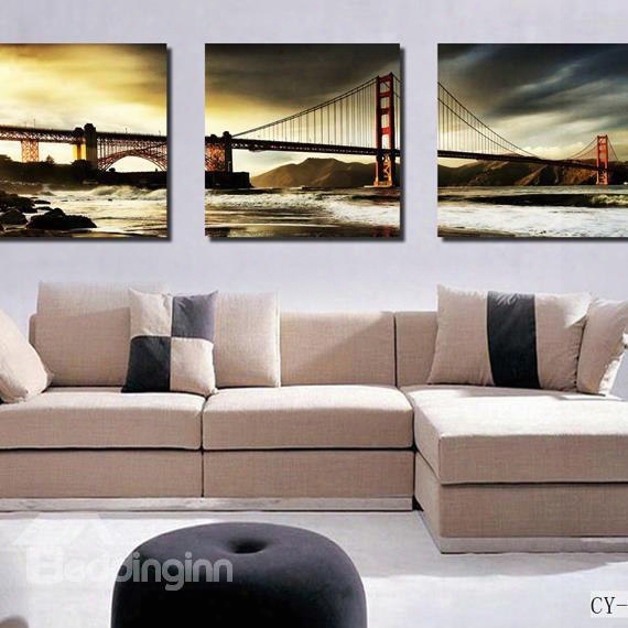 16␔16in␔3 Panels Golden Gate Bridge Hanging Canvas Waterproof And Eco-friendly Framed Prints