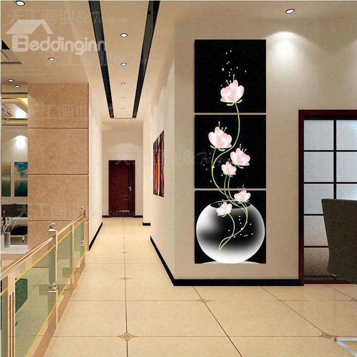 16␔16in␔3 Panels Pink Flowers In Vase Hanging Canvas Waaterproof Eco-friendly Black Framed Rpints
