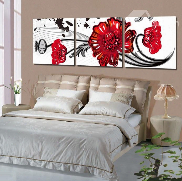 16␔16in␔3 Panels Red Flowers Hanging Canvas Waterproof And Eco-friendly White Framed Prints