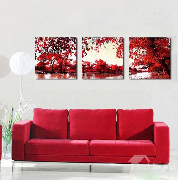 16␔16in␔3 Panels Red Leaves And Lake Hanging Canvas Waterproof And Eco-friendly Framed Prints