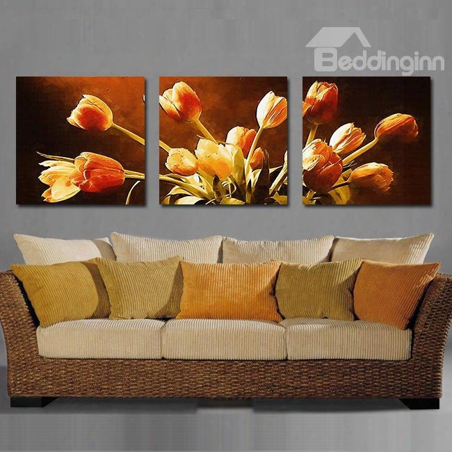 16␔16in␔3 Panels Tulips Pattern Hanging Canvas Waterproof And Eco-friendly Framed Prints