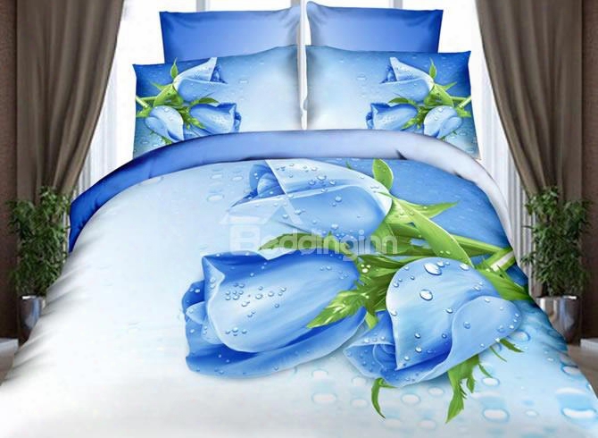 3d Blue Roses With Dewdrops Printed Cotton 4-piece Bedding Sets/duvet Cover