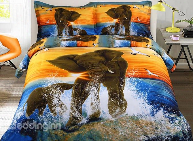 3d Elephant And Cub In Water Printed Cotton 4-piece Bedding Sets/duvet Covers