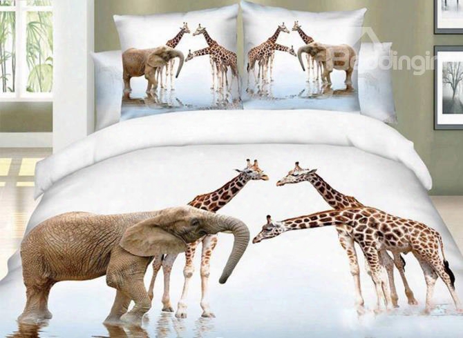 3d Elephant And Giraffe Printed Cotton 4-piece Bedding Sets/duvet Covers