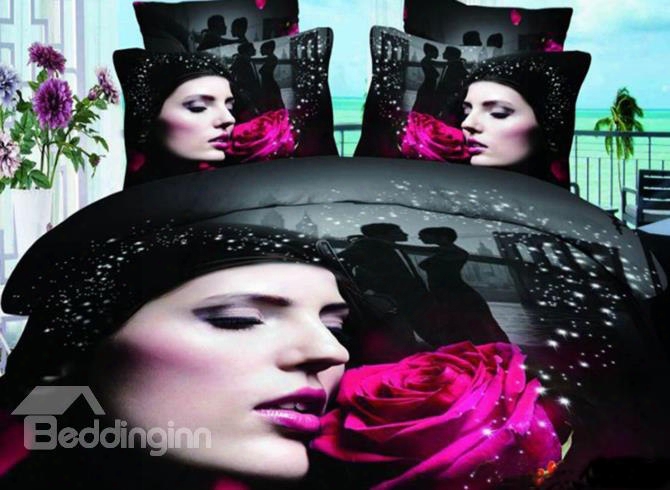 3d Girl And Pink Rose Printed Cotton 4-piece Bedding Sets/duvet Covers