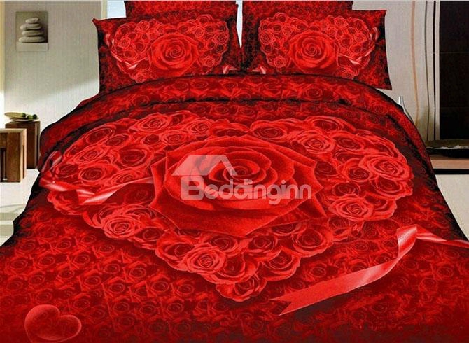 3d Heart-shaped Red Roses Printed Cotton 4-piece Bedding Sets/duvet Covers