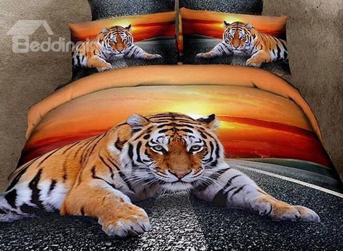 3d Lying Tiger At Dusk Printed Cotton 4-piece Bedding Sets/duvet Covers