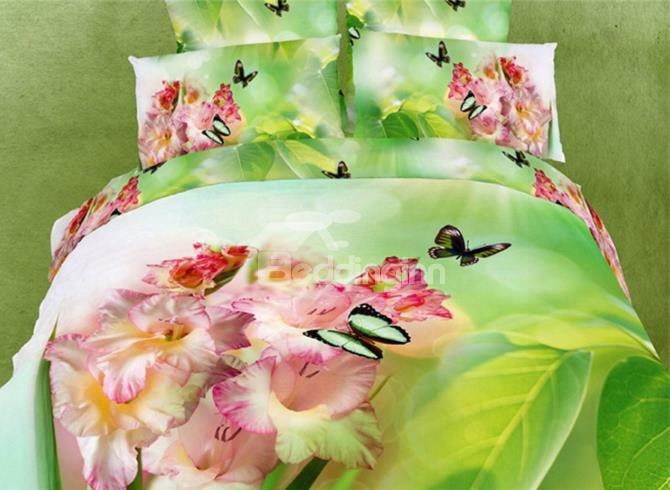 3d Pink Daylily And Butterfly Printed Cotton 4-piece Light Green Ebdding Sets