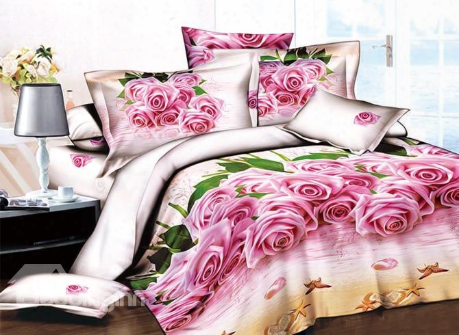 3d Pink Roses On The Beach Printed Cotton 4-piece Bedding Sets/duvet Covers