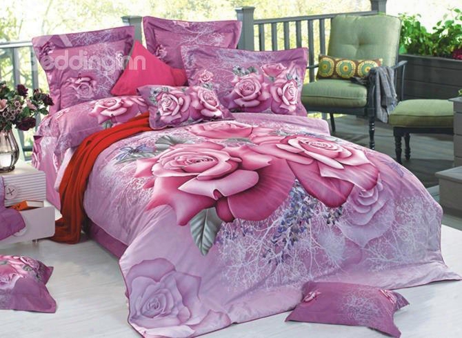 3d Purple Blooming Roses Printed Cotton 4-piece Bedding Sets/duvet Cover