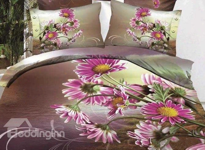 3d Purple Daisy Flowers Printed Cotton 4-piece Bedding Sets/duvet Cover