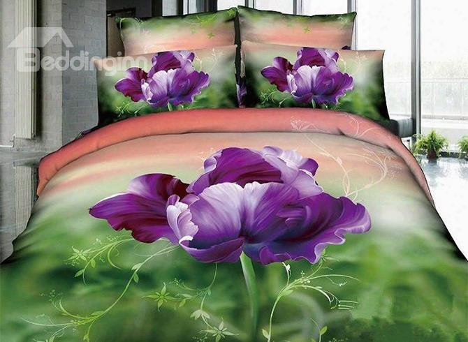 3d Purple Pansy Printed Cotton 4-piece Gradient Bedding Sets/duvet Cover