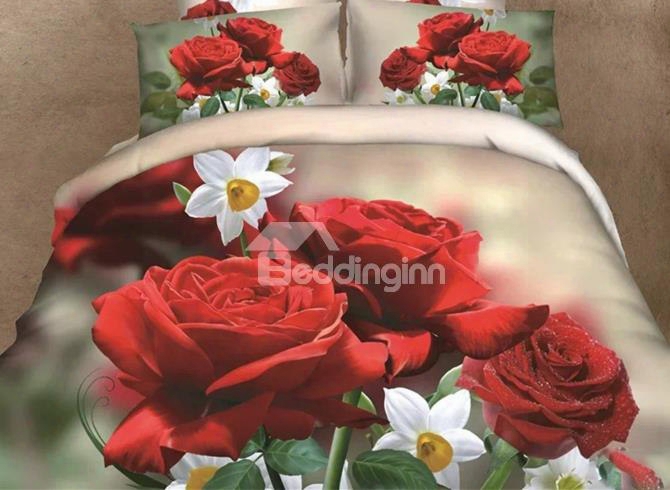 3d Red Rose And White Blossom Printed Cotton 4-piece Bedding Sets/duvet Covers