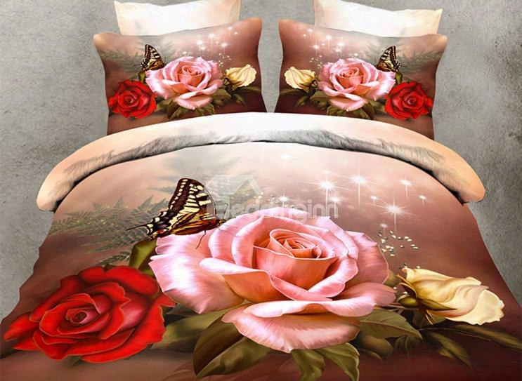 3d Roses And Butterfly Printed Polyester 4-piece Bedding Sets/duvet Covers
