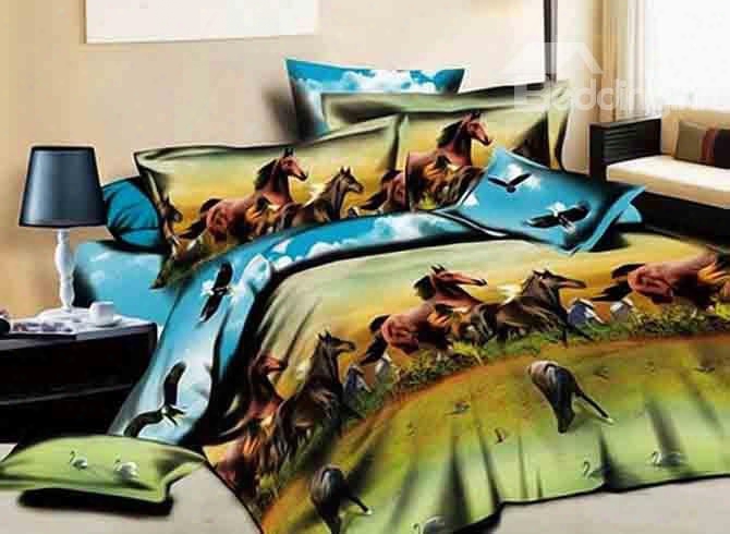 3d Running Horses Printed Cotton Rustic Style 4-piece Bedding Sets/duvet Covers