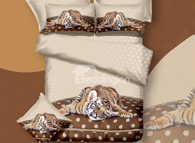 3d Sleepy Tiger Printed Cotton 4-piece Bedding Sets/duvet Covers