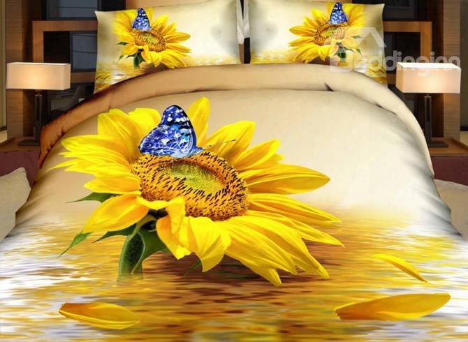 3d Sunflower And Blue Butterfly Printed Cotton 4-piece Bedding Sets