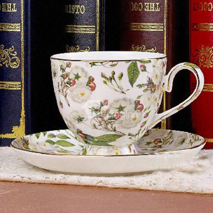 Allluring European Style White Floral Bone China 2 Cups And 2 Saucers Sets