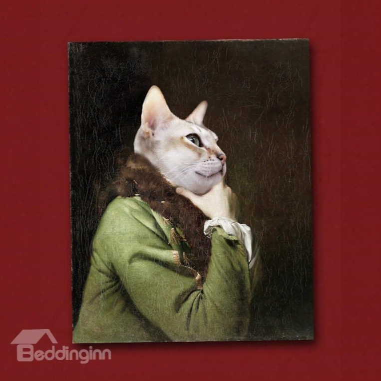Amazing Cat In An Army Green Coat Design Pure Cotton Material Wall Art Print