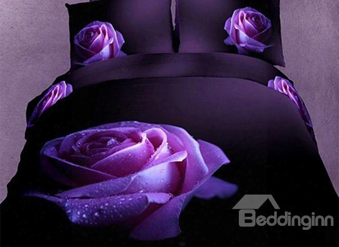 Attractive Dewy Rose 3d Printed Purple 4-piece Cotton Duvet Cover Sets