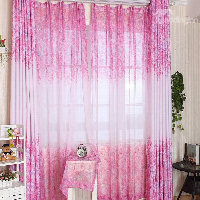 Attractive Elegant Pink Floral Printing Custom Sheer Curtain