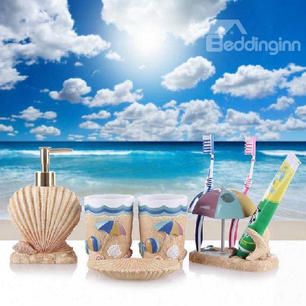 Beach Style Starfish And Parasol Shape Five Pieces Resin Bathroom Accessories