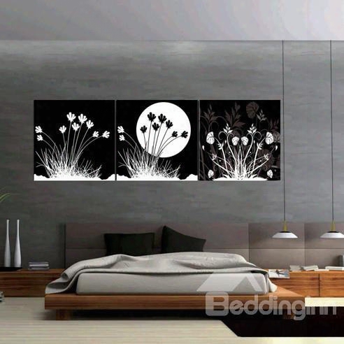 Black Decorative With White Flowers And Sun Canvas Wall Art Prints