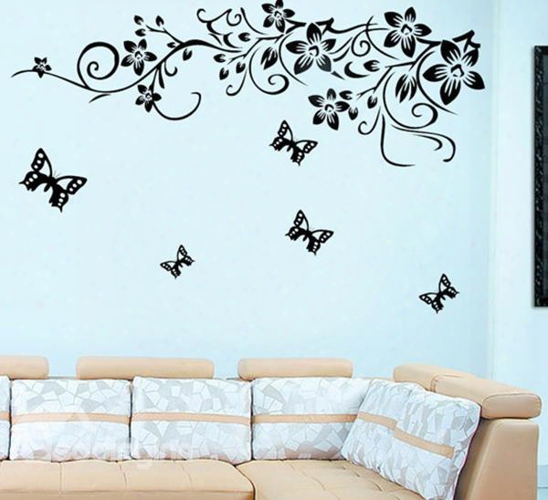 Black Flower Rattan And Butterfly Pattern Wall Stickers