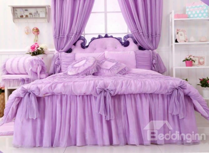 Bowknot Lace Edging Cotton Princess 4-piece Full Size Purple Bedding Sets