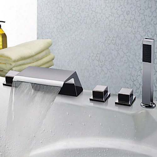 Chrome Finish Five Holes Widespread Waterfall Bathtub Faucet