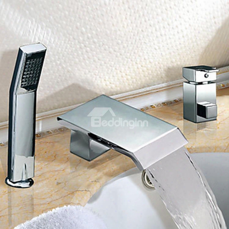 Chrome Finish Two Handles Wdespread Waterfall Contemporary Hand Shower Bathtub Faucet