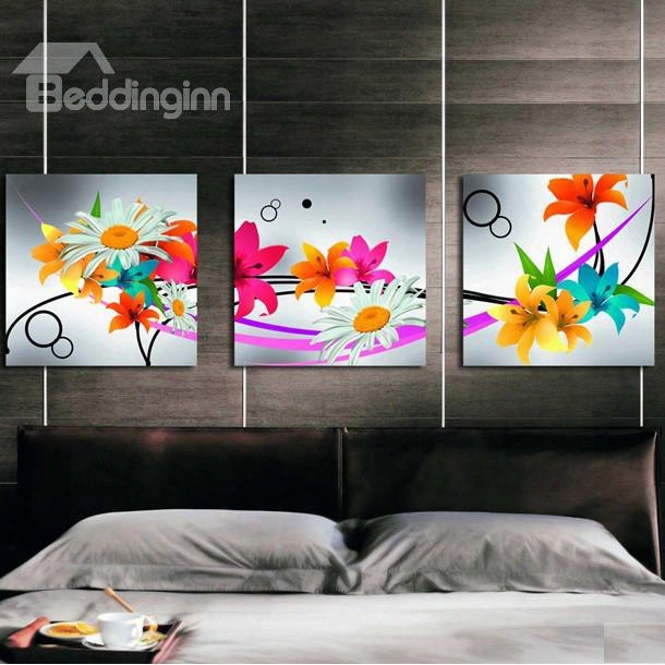 Colorful Various Blooming Flowers Pattern Three Panels Framed Canvas Wall Art Prints