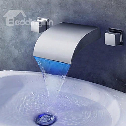 Contemporary Arcuate Spout Waterfall Three Colors Led Bathroom Sink Faucet
