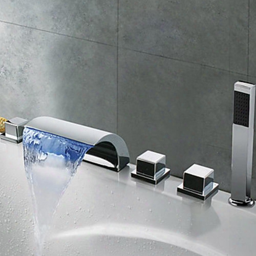 Contemporary Chrome Finish Thermochromic Led Waterfall Bathroom Tub Faucet