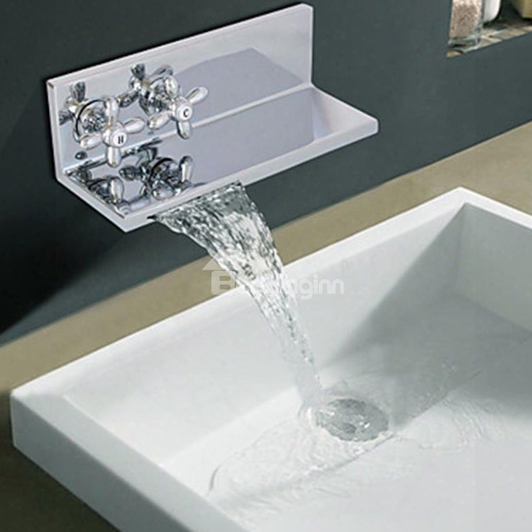 Contemporary Chrome Finish Two Ellipse Handles Waterfall Bathroom Sink Faucet