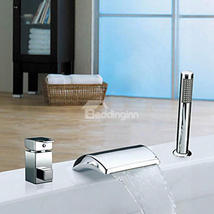 Contemporary Chrome Finish Two Handles Widespread Waterfall Bathtub Faucet