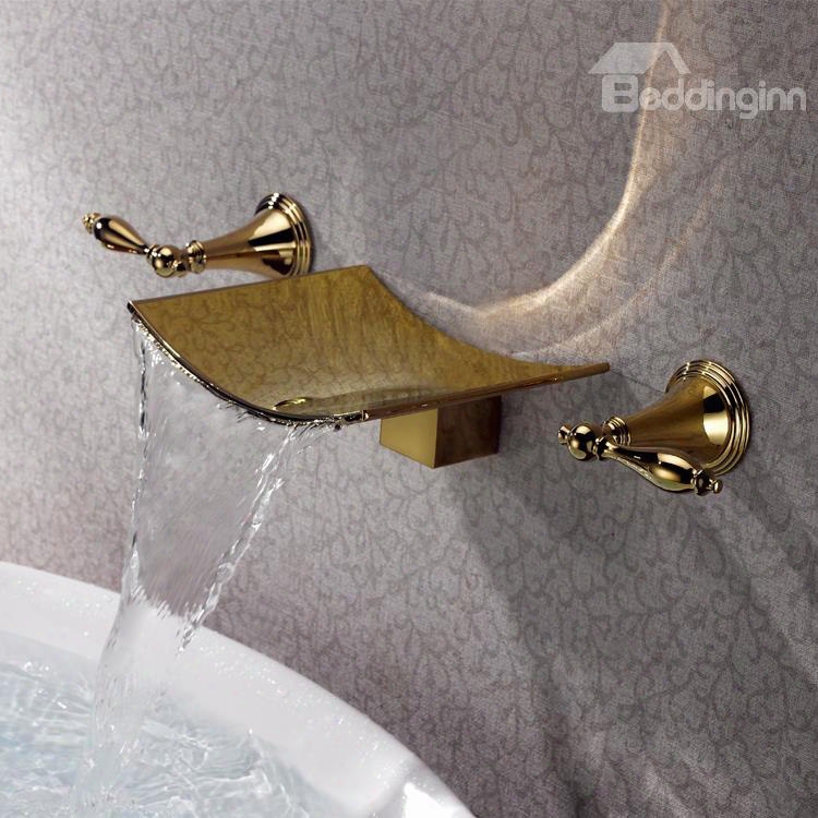 Country Golden Double Handles Widespread Waterfall Wall Mount Bathroom Sink Faucet