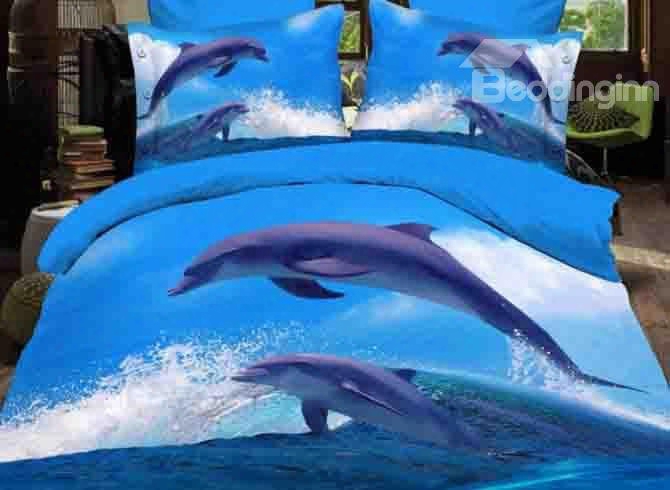 Dolphins Jumping Out Of Blue Water Print Polyester 3d Bedding Sets