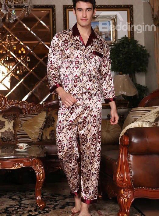 Elegant Silky Jacquard Wine Red Male Pajama