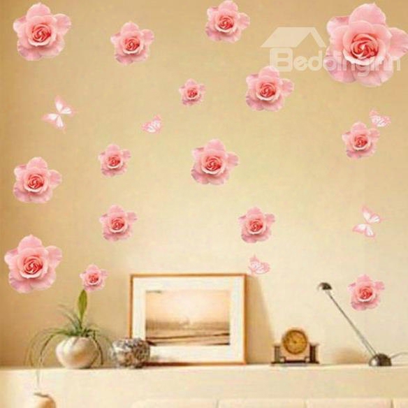 Fancy Artless Style Pink Roses And Butterflies Pattern Wall Stickers