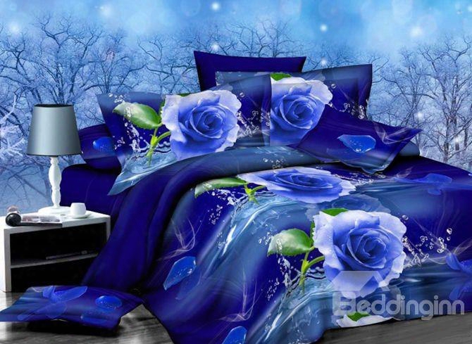 Graceful Blue Rose Print 4-piece Polyester Duvet Cover Sets