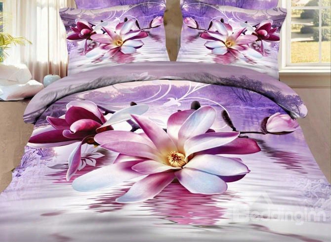 High Quality Elegant Purple Magnolia Print 4 Pieces Polyester 3d Bedding Sets